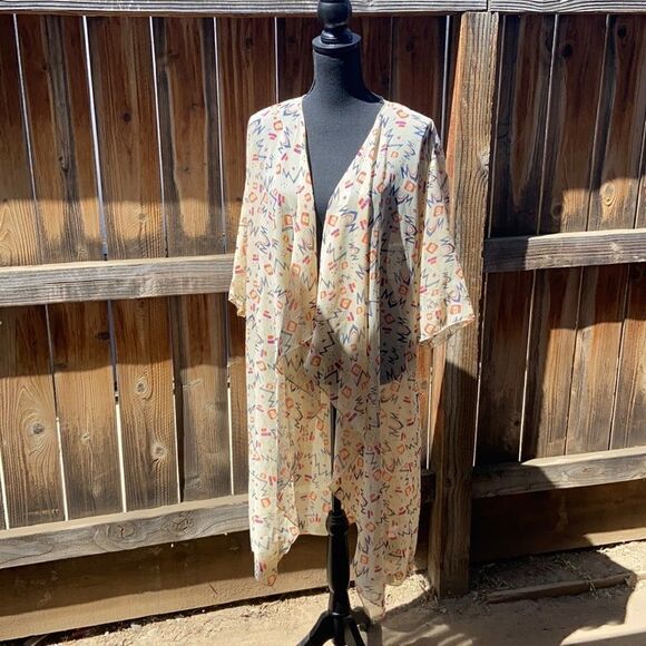 LulaRoe cardigan career 3/4 sleeve sheer yellow purple geometric Sz Medium - Picture 1 of 4